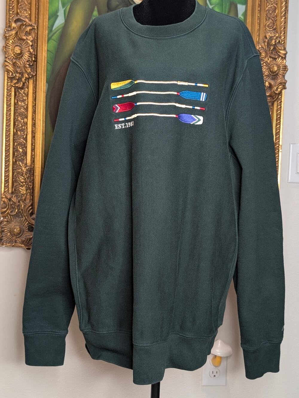 J Crew Heritage Rowing Oars Embroidered Forest Green Fleece Sweatshirt Mens XXL